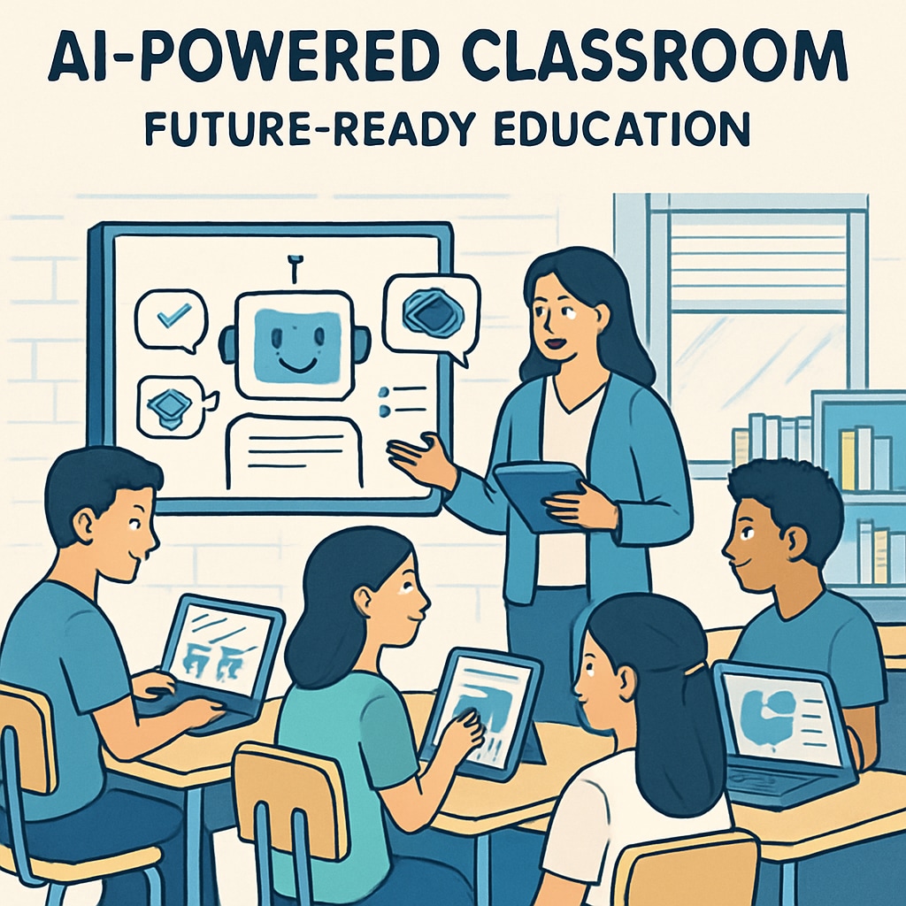 An AI-powered classroom with students using adaptive learning tools, symbolizing future-ready education. Students using AI-driven learning tools in a modern classroom, showcasing adaptive education methods.