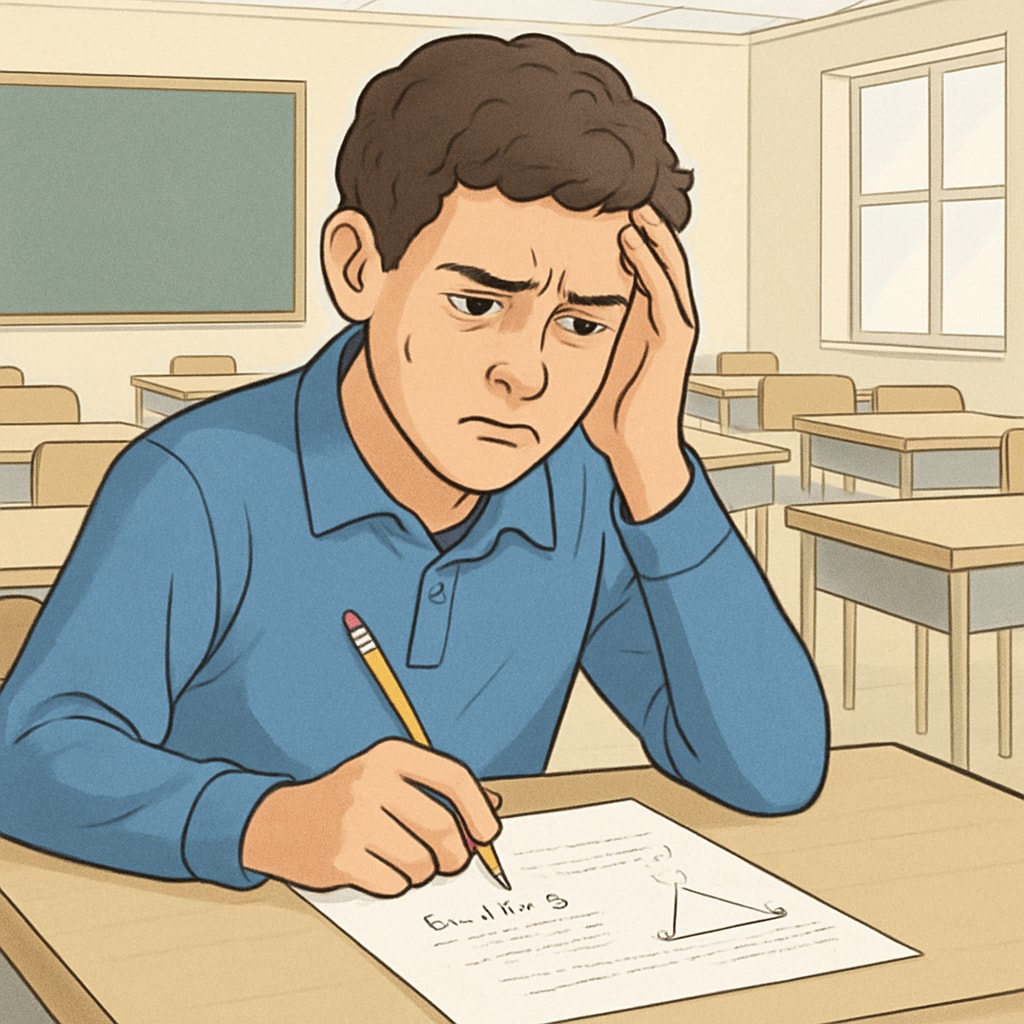 Student experiencing test anxiety while solving math multiple choice questions under time pressure.