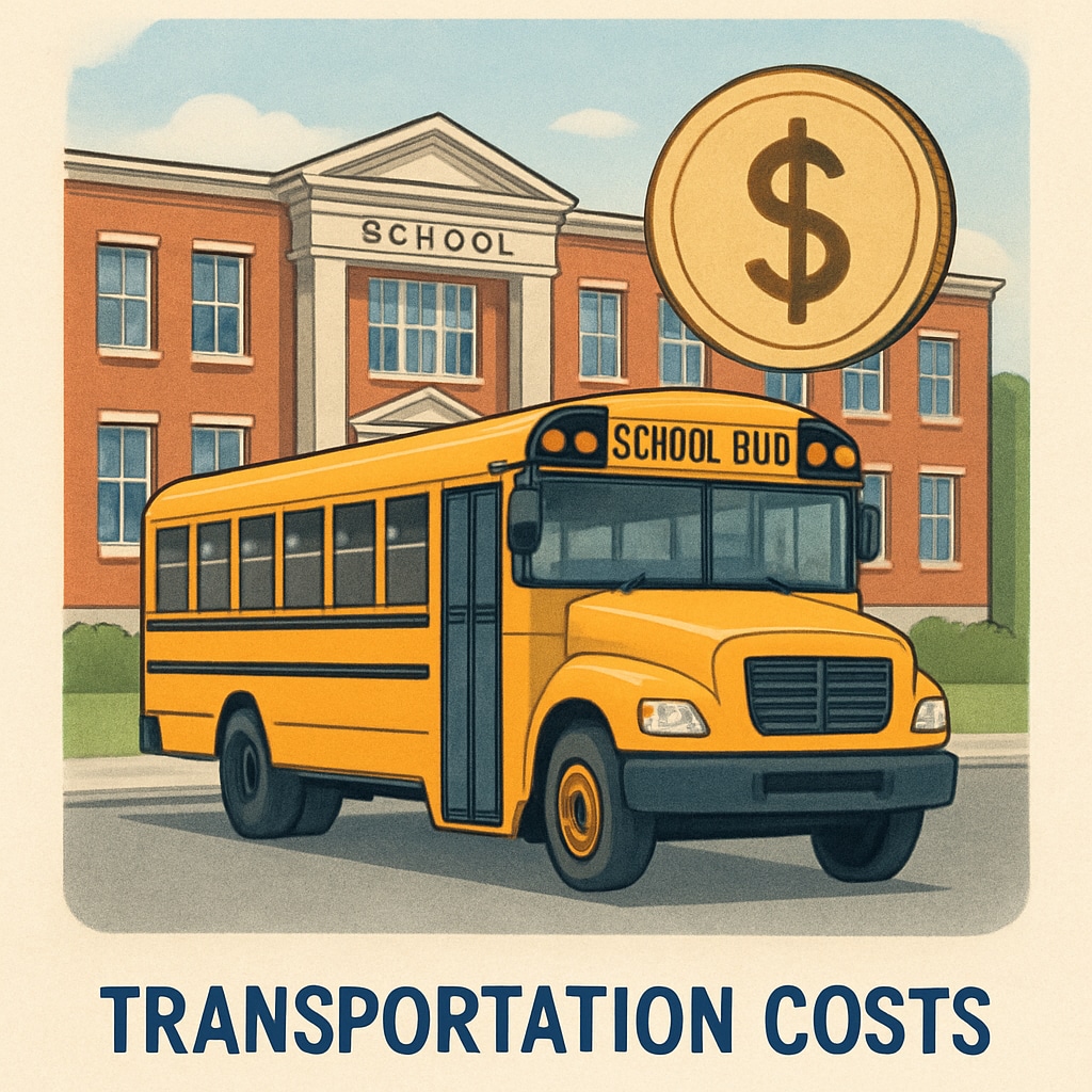 A school bus parked outside an educational institution, symbolizing transportation costs affecting school budgets. School bus illustrating how transportation costs can inflate per-student spending statistics.