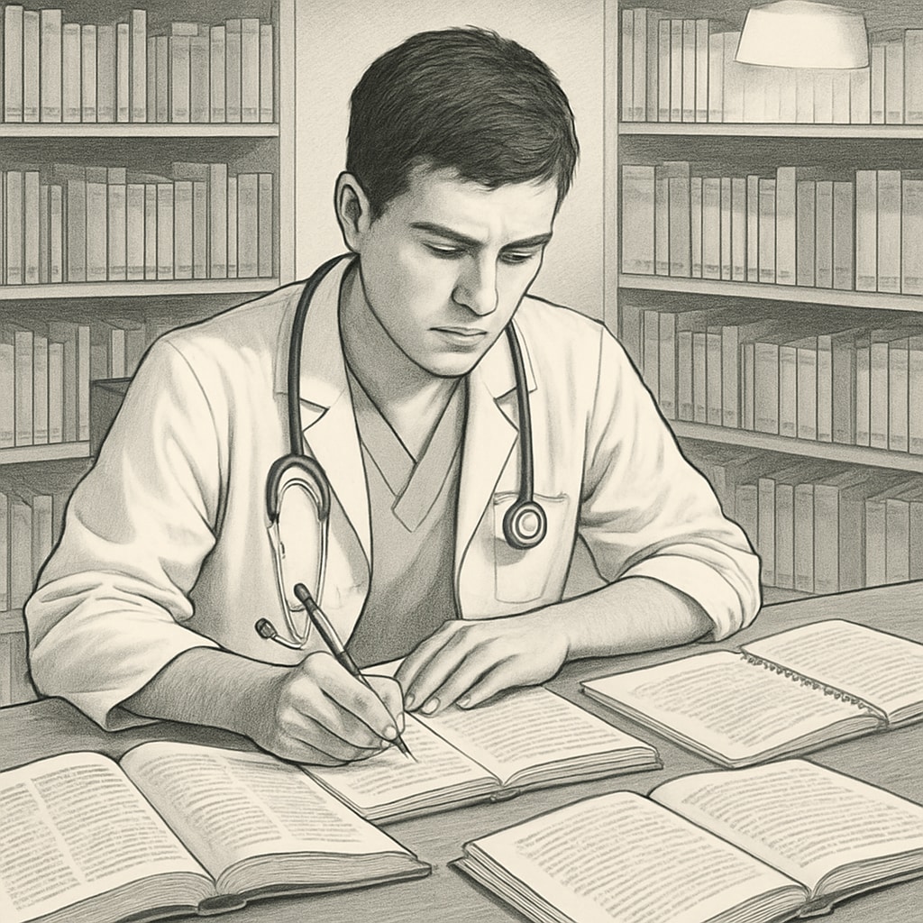 A medical student studying, symbolizing perseverance despite learning difficulties.