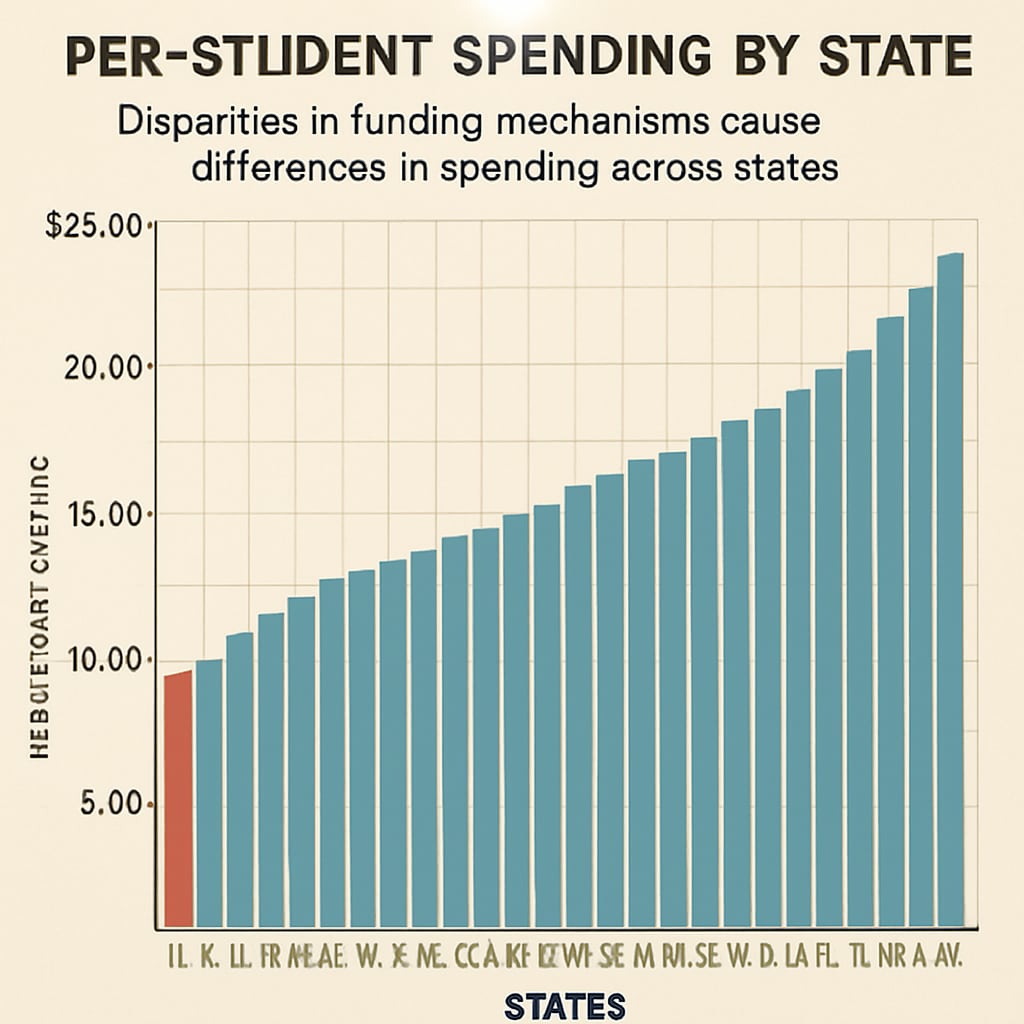 A detailed graph showing per-student spending variations across states, indicating disparities caused by funding mechanisms. A graph illustrating state-by-state variations in per-student spending due to funding formulas.