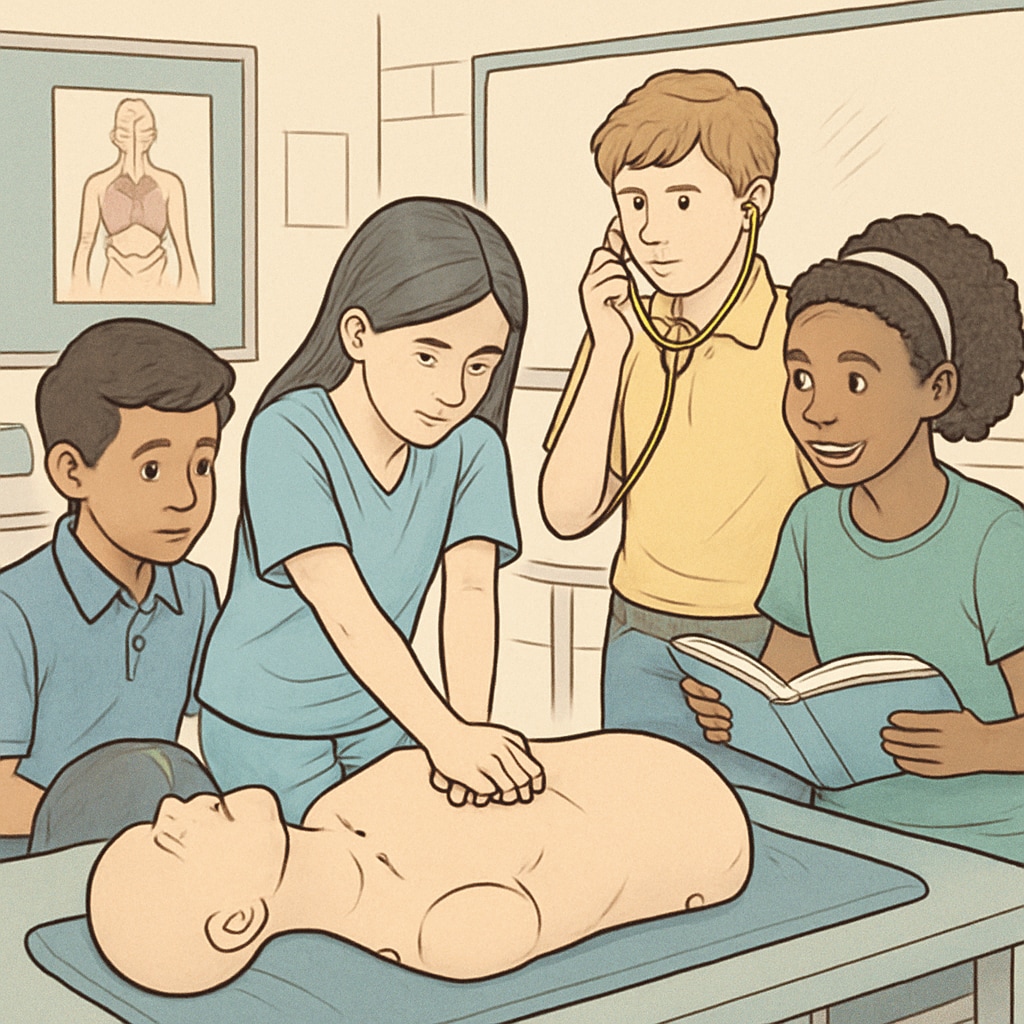 A group of diverse K12 students participating in a nursing workshop, learning hands-on medical techniques such as CPR training. K12 students learning CPR techniques during a nursing workshop
