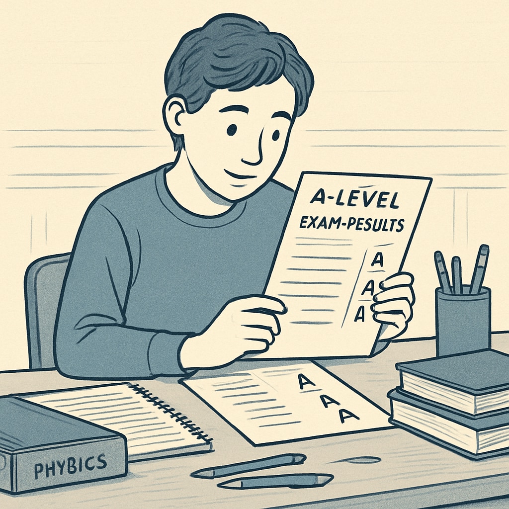 A student assessing their A-level results, surrounded by textbooks and notes.