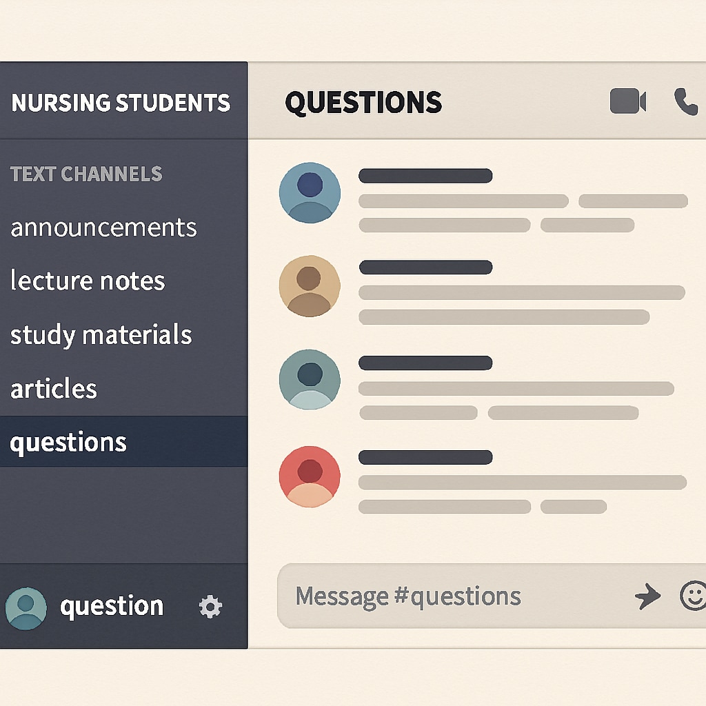 A screenshot of a Discord server designed for nursing students, showcasing resource-sharing channels and live discussion threads. Discord server interface for nursing students with active discussion channels