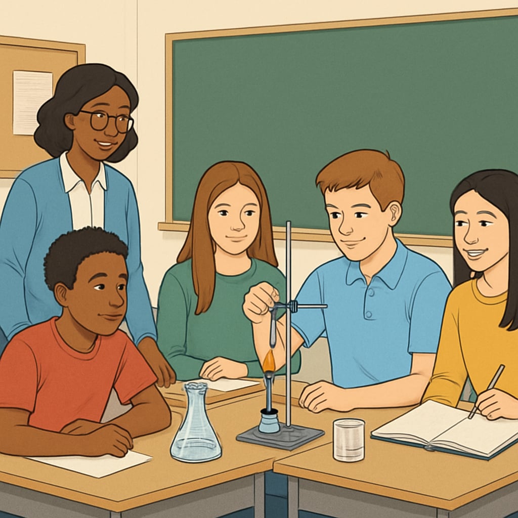 Diverse high school students conducting a science experiment in a supportive classroom environment.