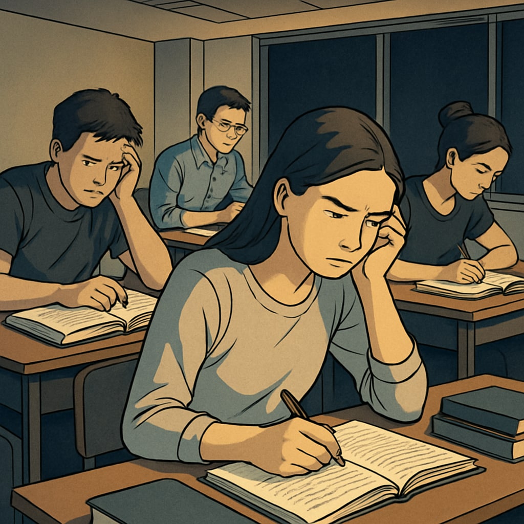 A group of high school students studying late at night, illustrating the stress caused by competitive college admissions. High school students studying under pressure for Ivy League applications.