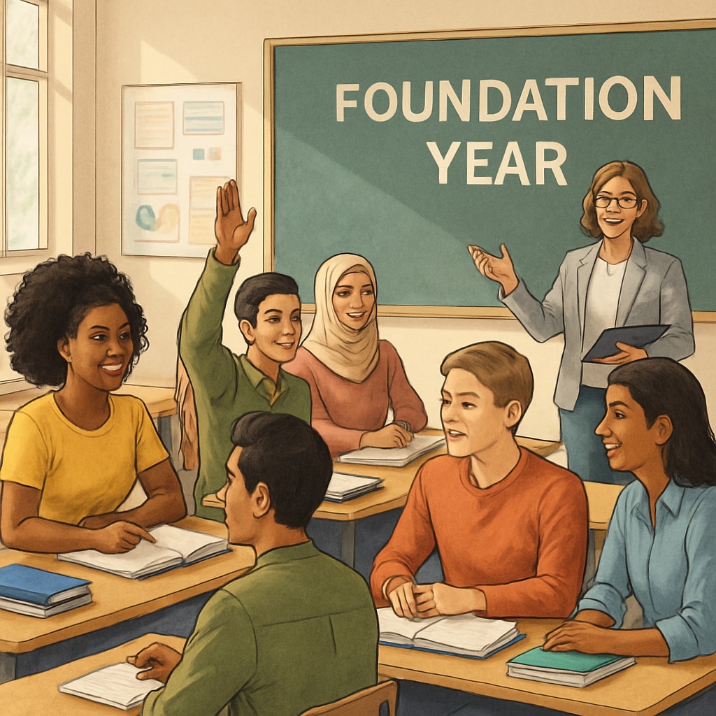 Students in a foundation year program abroad, engaging in collaborative learning activities.