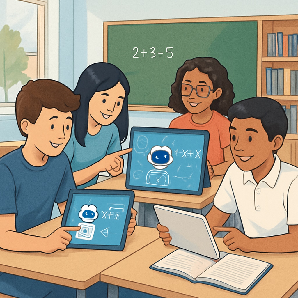 Students using AI-powered tools to solve problems, demonstrating innovation in education.