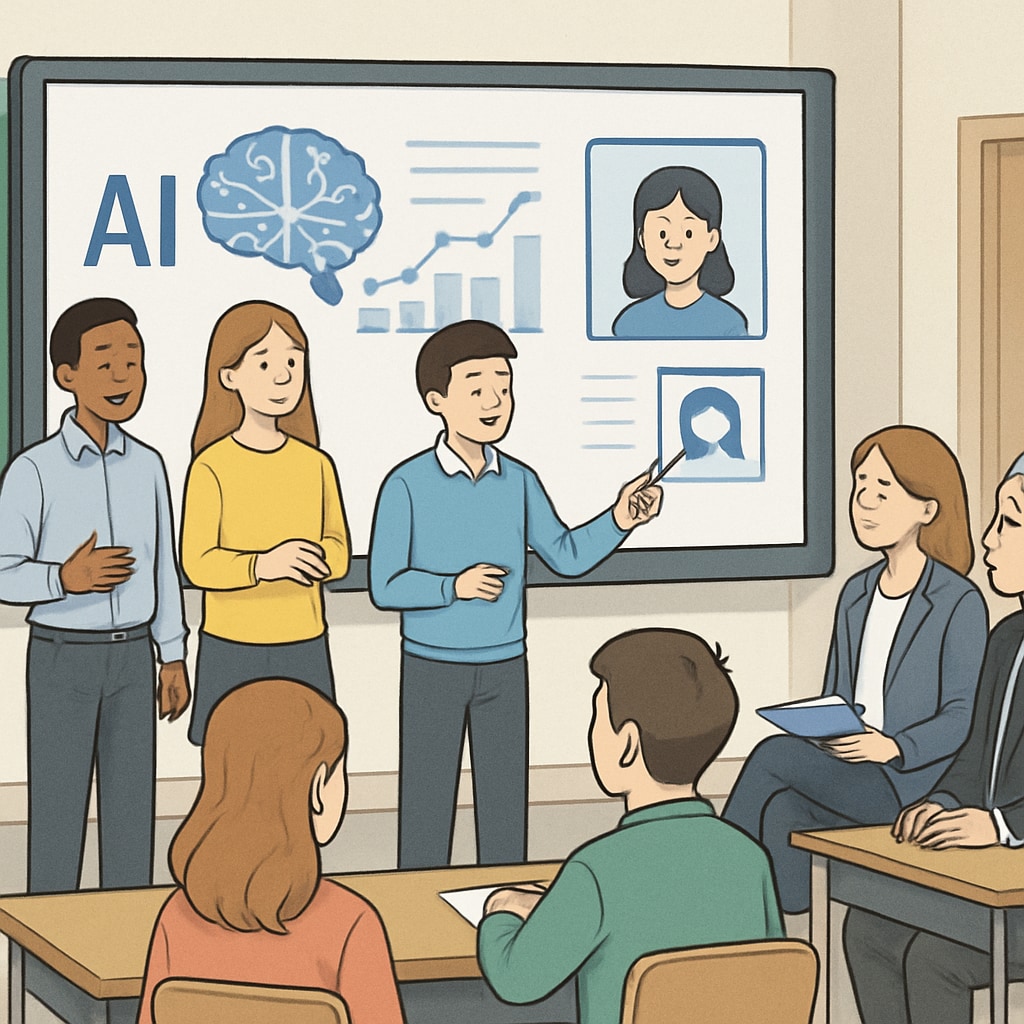 Students presenting collaborative AI-driven projects, emphasizing modern assessment methods.