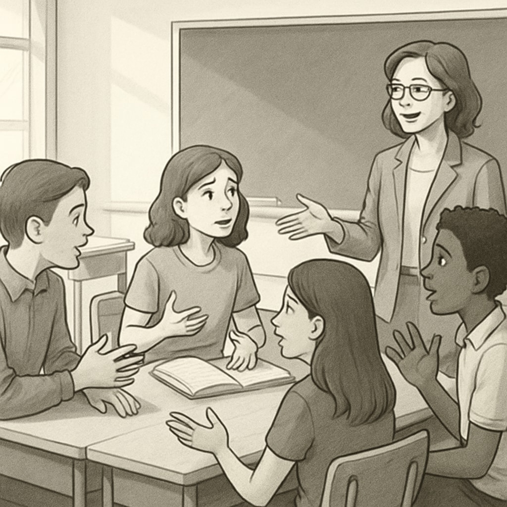 K12 students debating ethical dilemmas with teacher guidance in a social experiment.