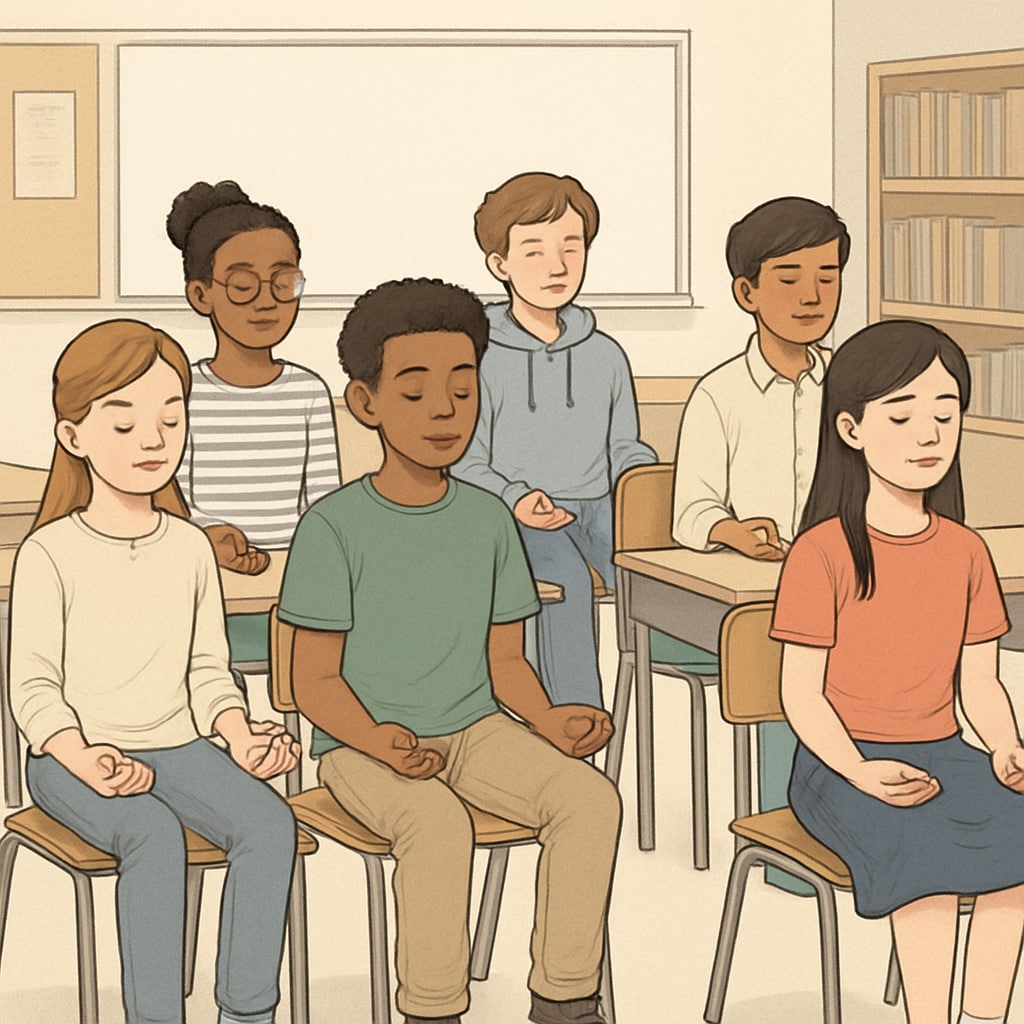 Students practicing mindfulness in a classroom inspired by Sadhguru’s philosophy.