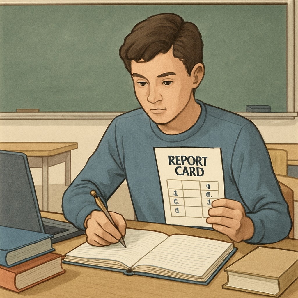 Student reviewing grades for Harvard application.