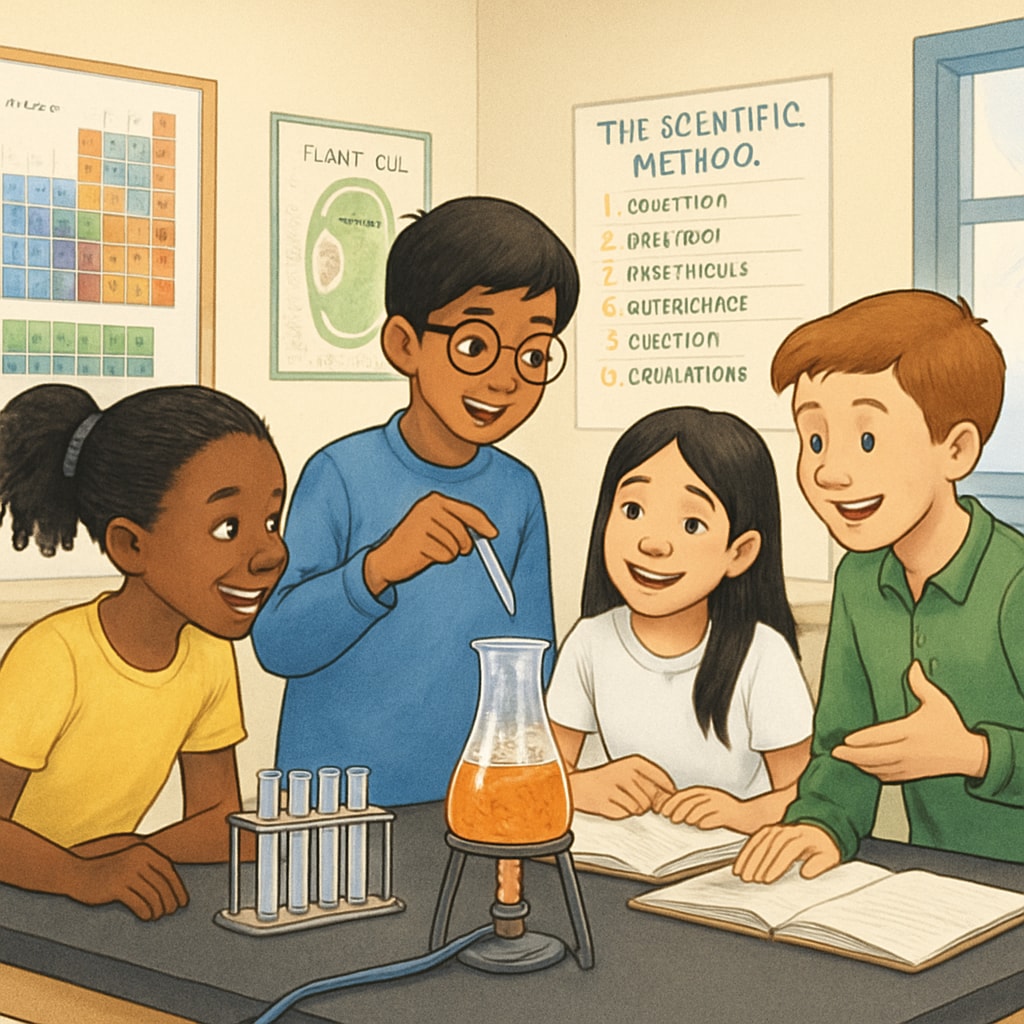 Multilingual students conducting a science experiment in an inclusive classroom setting.
