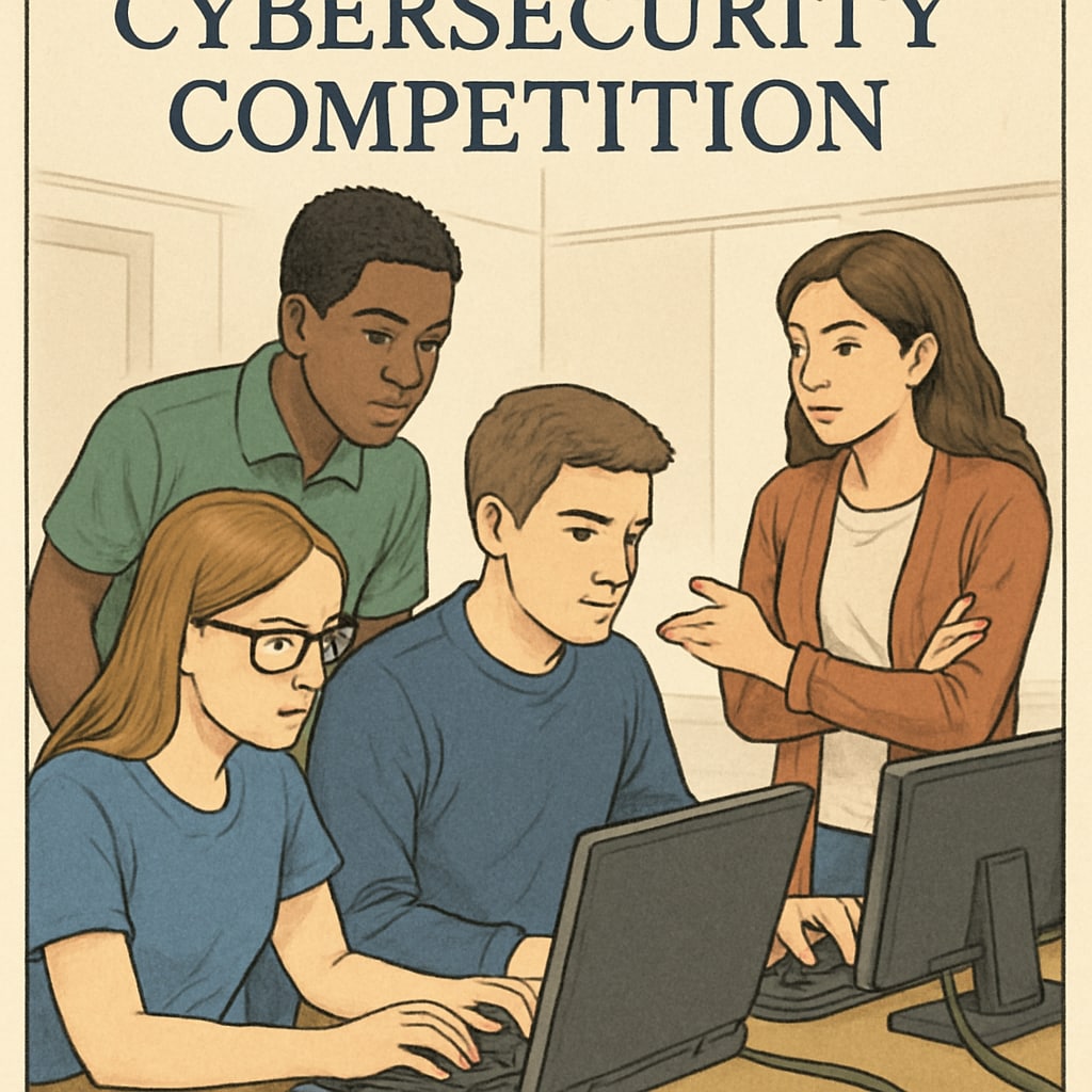 Students engaged in a cybersecurity competition illustrating practical learning.