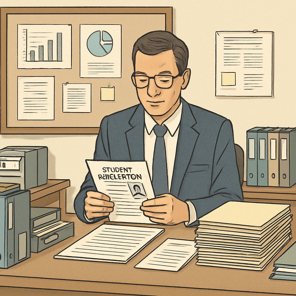 Admissions officer evaluating applications for elite colleges like Harvard.
