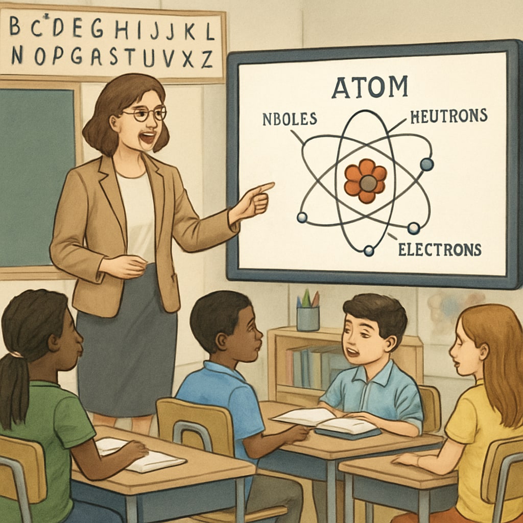 Teacher explaining science using a smartboard in a multilingual classroom.