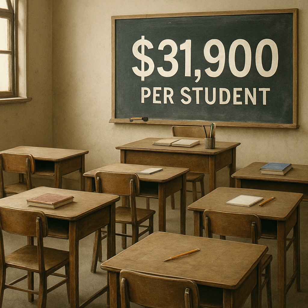 Classroom image highlighting the gap between reported per-student spending and actual resources.