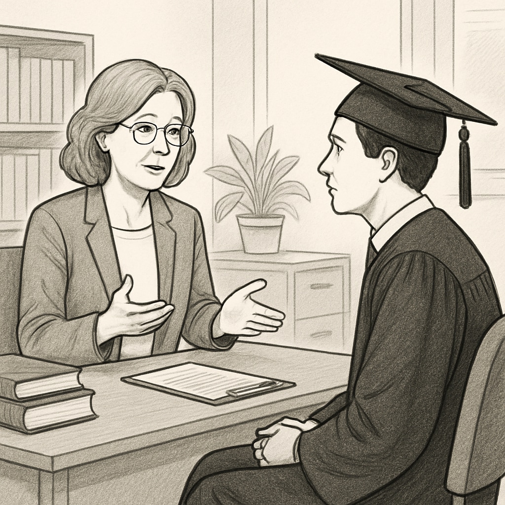 A professional school counselor speaking to a graduate student in an educational setting. School counselor discussing education-related topics with a graduate student.