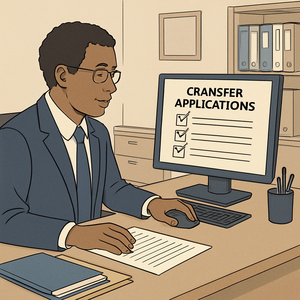 School administrator reviewing transfer applications to improve district communication.