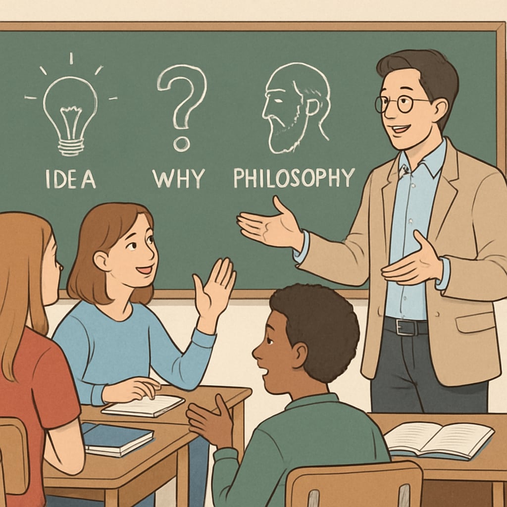 Philosophy teacher and students discussing concepts in a classroom