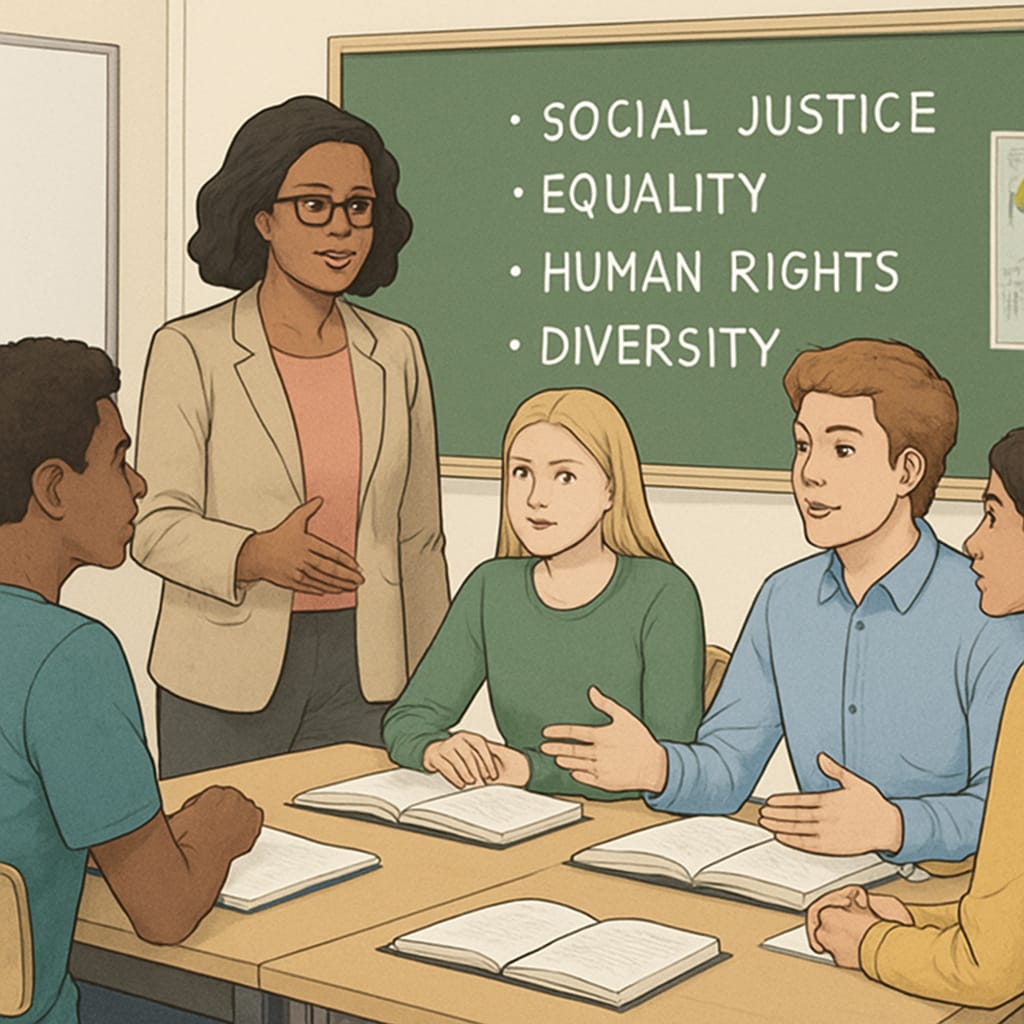 A classroom of high school students engaged in a group discussion about social justice topics, with a teacher facilitating the conversation. High school students discussing social justice topics in class.