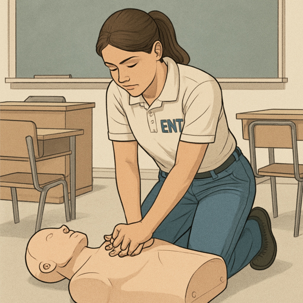 A student learning CPR skills during EMT certification training.