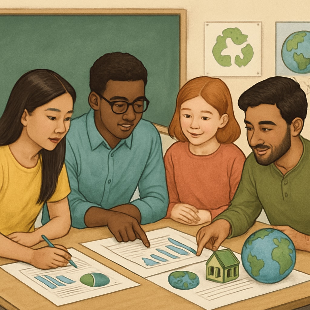 A diverse group of students collaborating on a project about environmental sustainability, symbolizing the practical application of awakening education. Students collaborating on a sustainability project, representing awakening education.