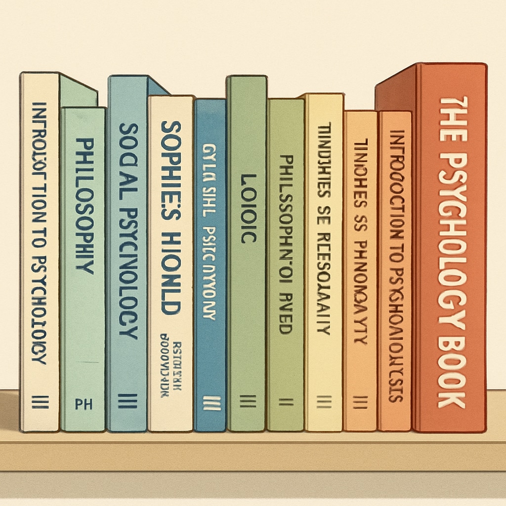 A bookshelf containing beginner-friendly psychology and philosophy books, such as Beginner-friendly psychology and philosophy books for self-learning.