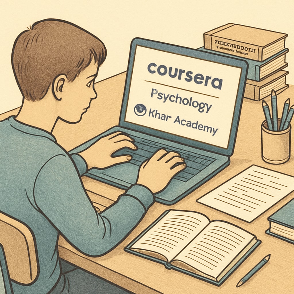 A student studying psychology and philosophy via online learning platforms like Coursera and Khan Academy on a laptop. A student using online platforms to learn psychology and philosophy.