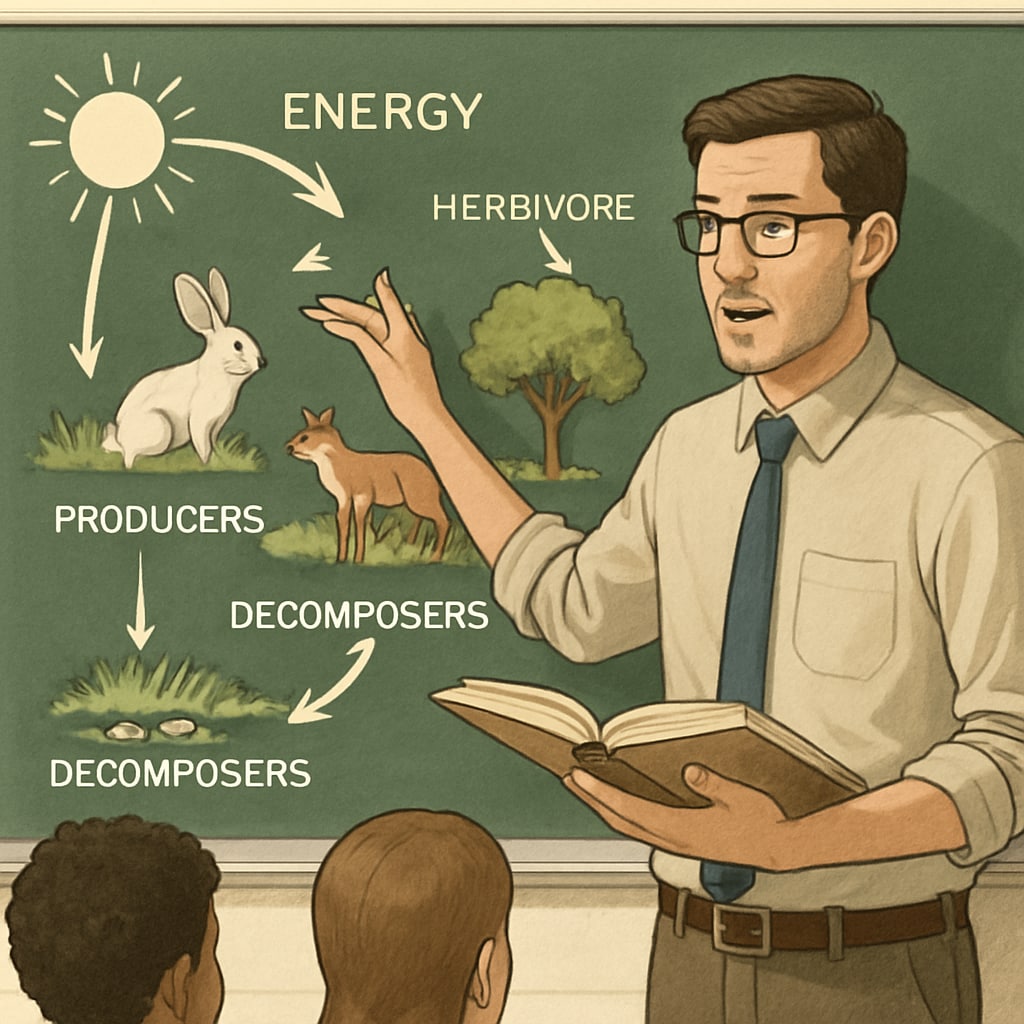 Biology teacher using a diagram to explain concepts in a classroom.