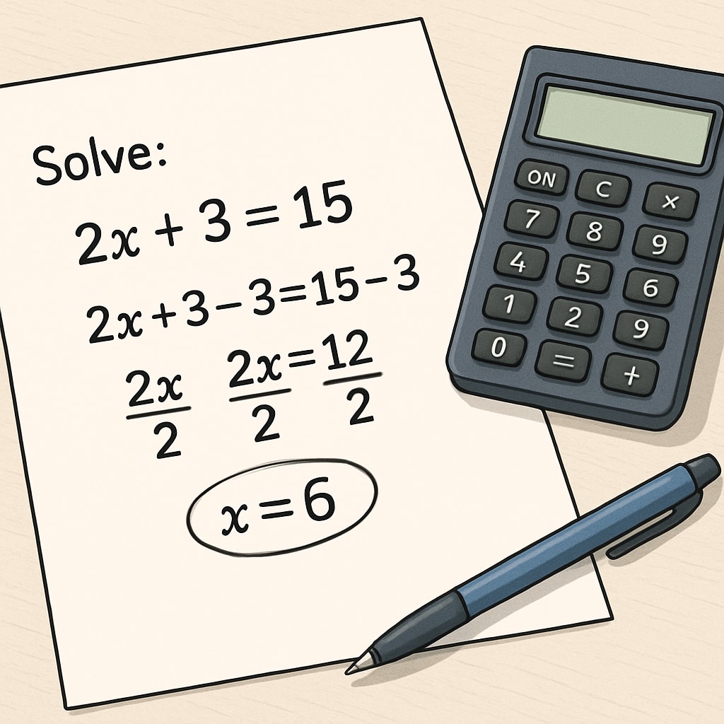A close-up image showing a solved math problem on a sheet, with a calculator and pen nearby. Solved math problem with calculator and pen, related to campus math test preparation.