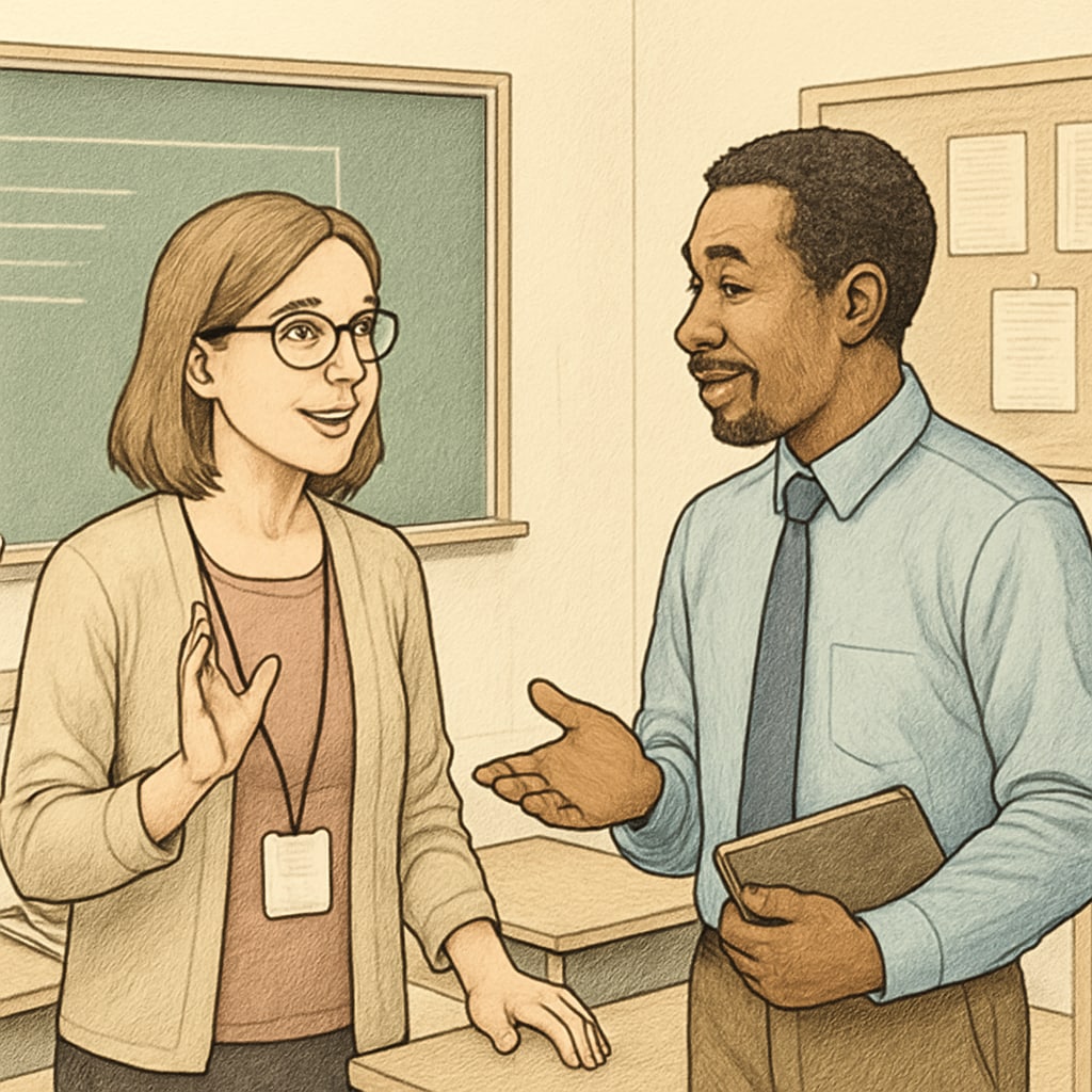 Teacher discussing with colleague, highlighting alternative recommendation sources.