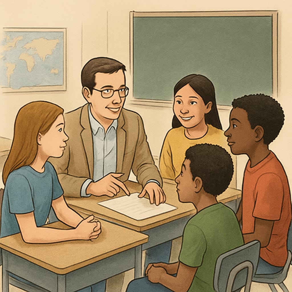 Teacher interacting with students as an example of credible recommendation sources.