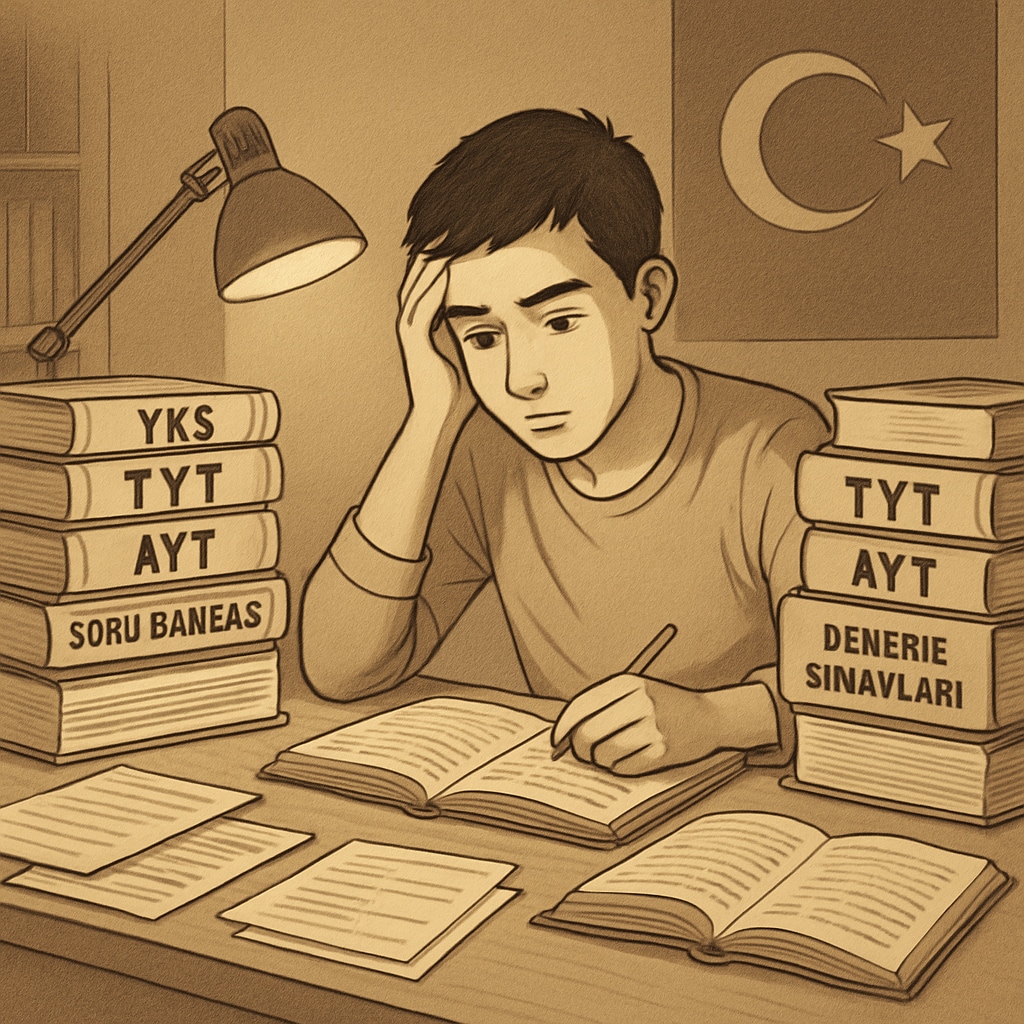 Turkish student studying for standardized exams at night.