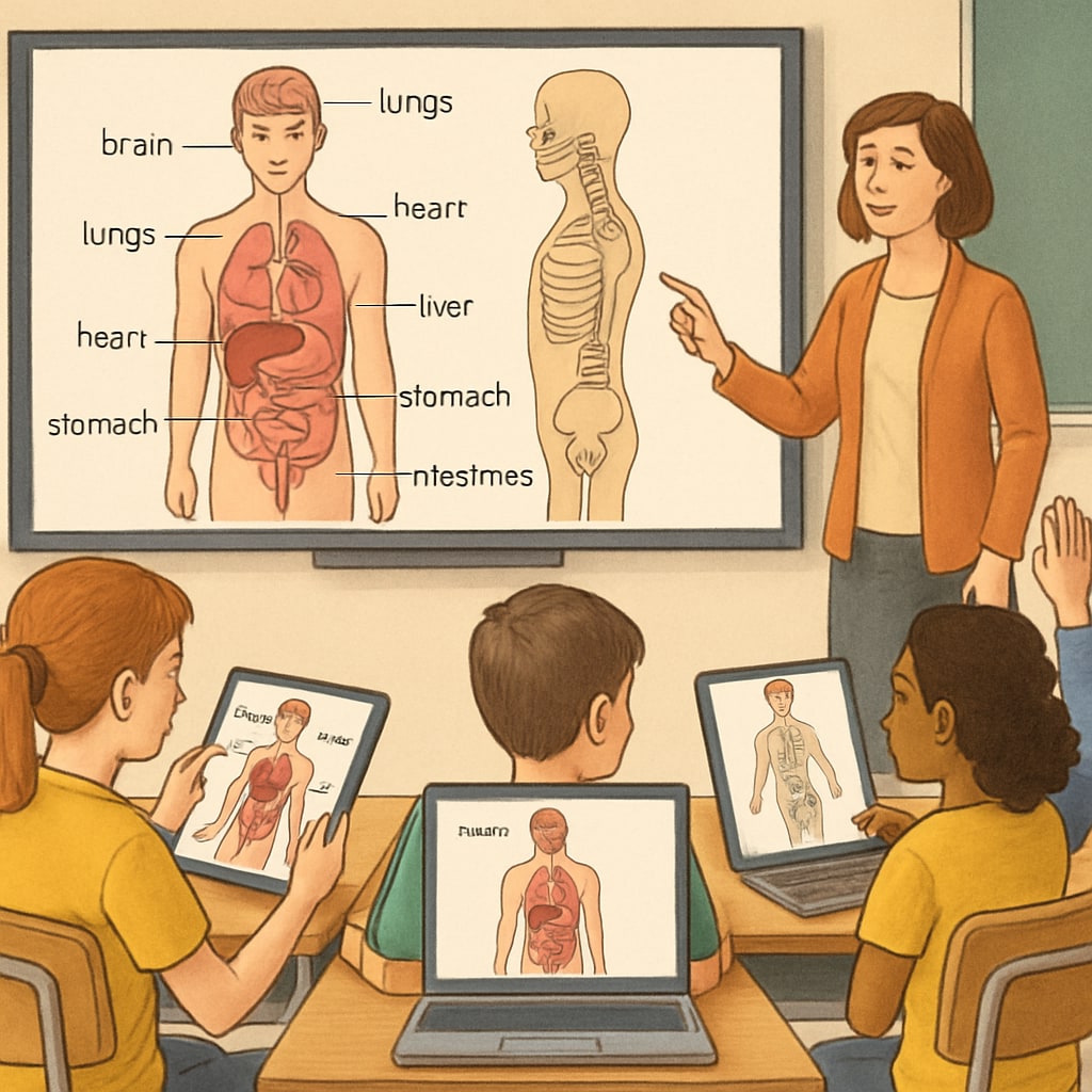 A classroom where students are engaging with interactive digital tools to learn about human anatomy, emphasizing the integration of medical education in K12 settings. Classroom with students learning about anatomy through interactive tools, part of medical education for non-medical backgrounds.
