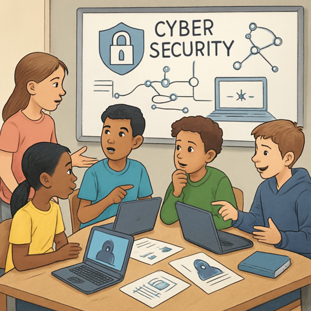 Students in a cybersecurity workshop, learning online safety skills.