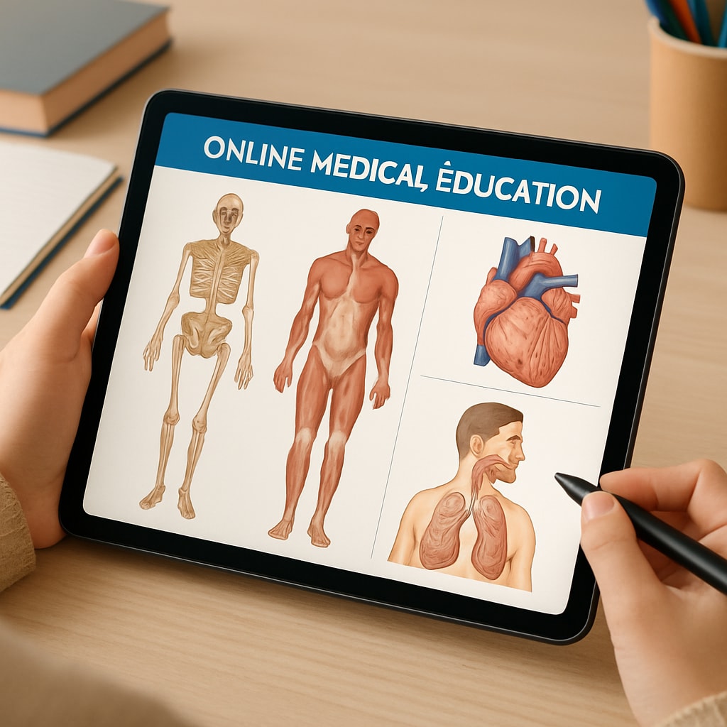 A student watching an online course on medical education using a tablet, with animations of the human body displayed on the screen. Student using an online platform for medical education, tailored for non-medical backgrounds.