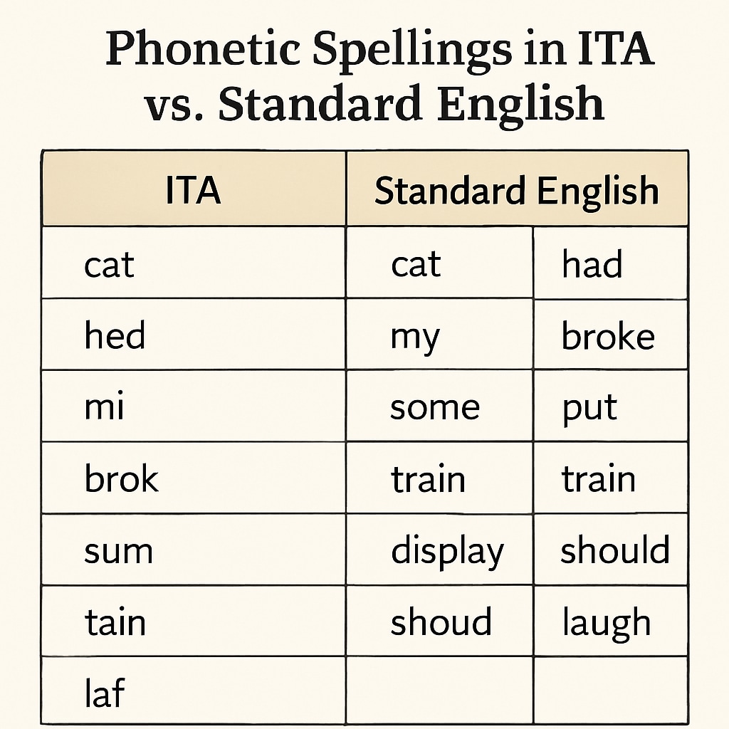 Chart comparing ITA phonetic spellings with standard English orthography.