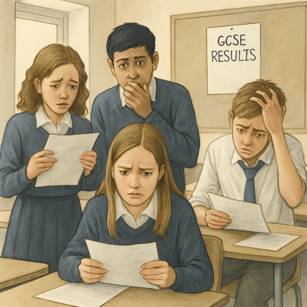 A group of students anxiously reviewing their GCSE results in a classroom setting; illustrates the emotional impact of academic pressure. Students reviewing GCSE results, highlighting academic anxiety and its impact.