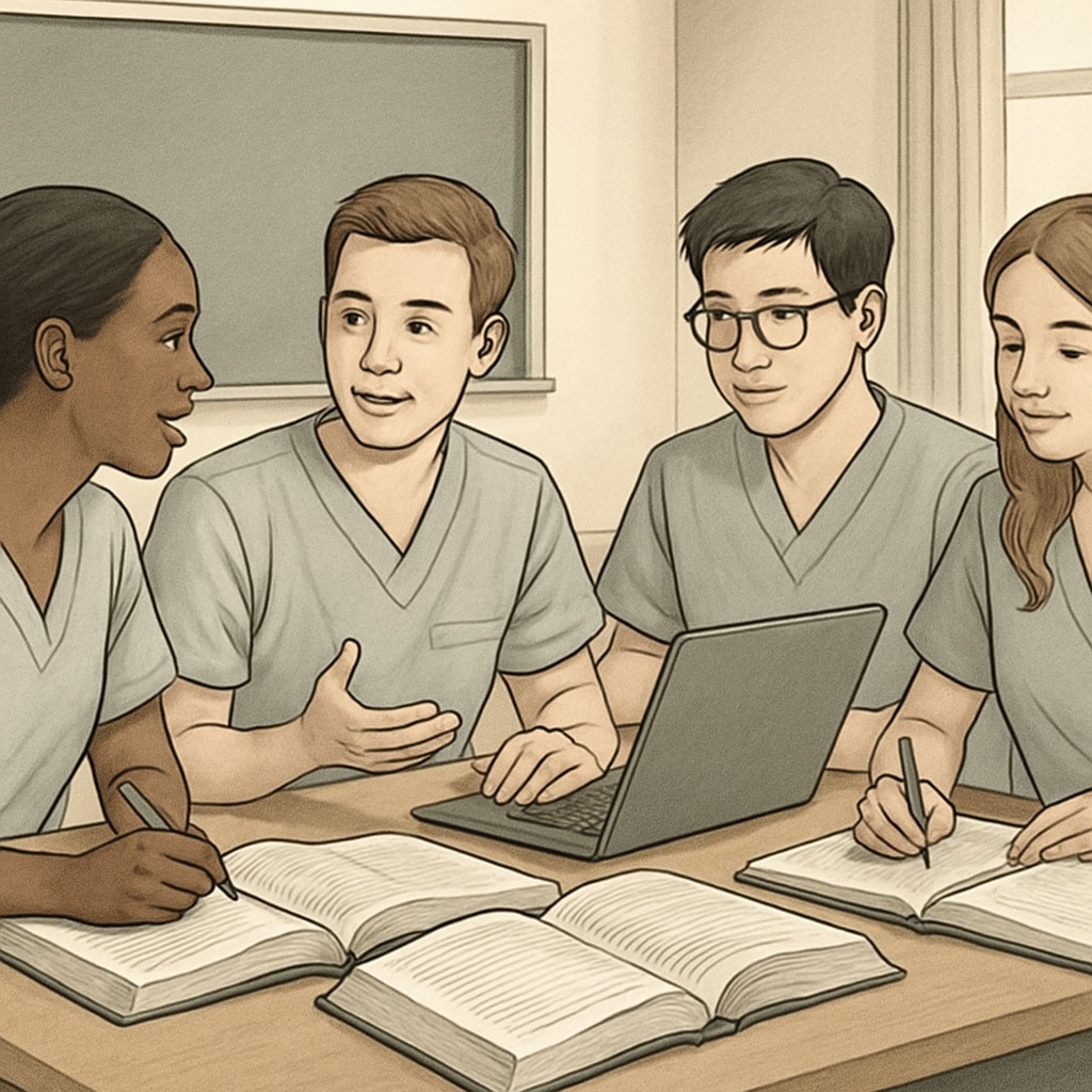 A group of nursing students collaborating in a study group, with textbooks and laptops open. Nursing students in a study group with resources open.