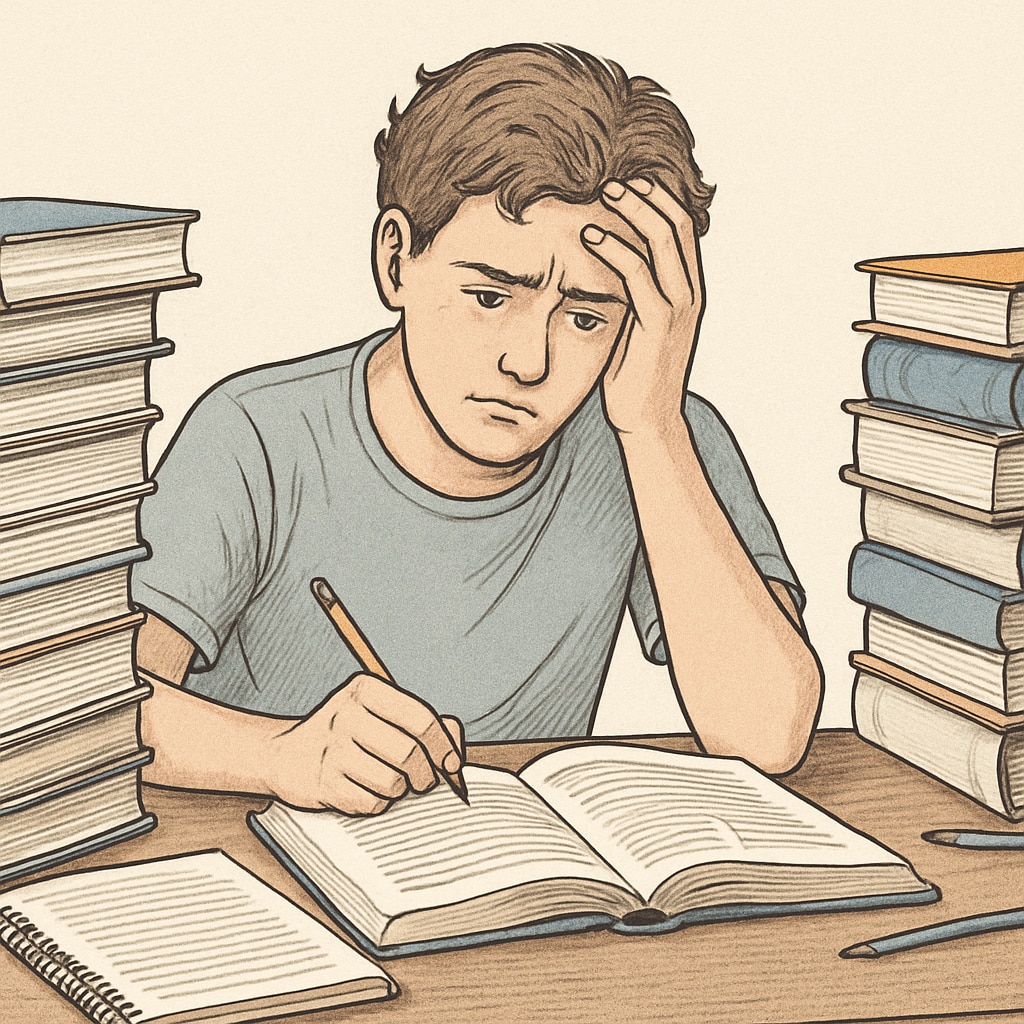 A student sitting at a desk, surrounded by books, looking stressed while studying for exams; symbolizes the psychological toll of academic anxiety. Stressed student preparing for GCSE exams, representing the pressure of academic expectations.