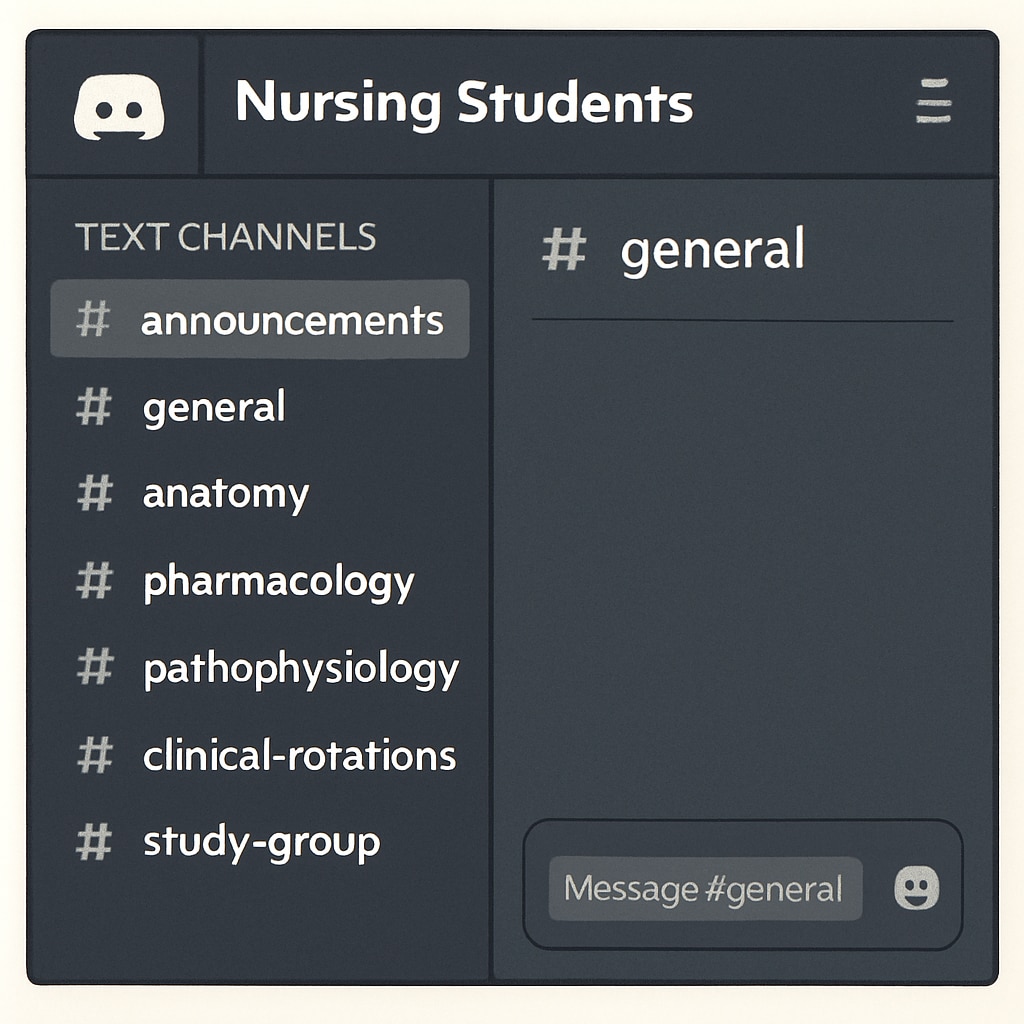A screenshot of a Discord server organized for nursing students, showing channels for different subjects and activities. Discord server for nursing students with organized channels.