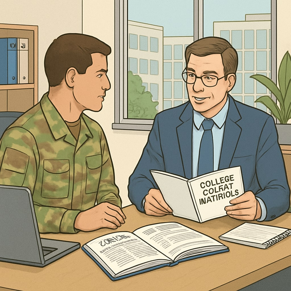 Military student discussing credit transfer options for an automotive technology degree.