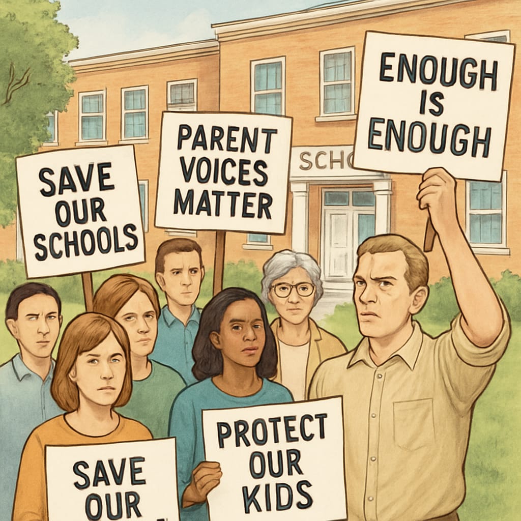 Parents and community members protesting school board candidate with child abuse history