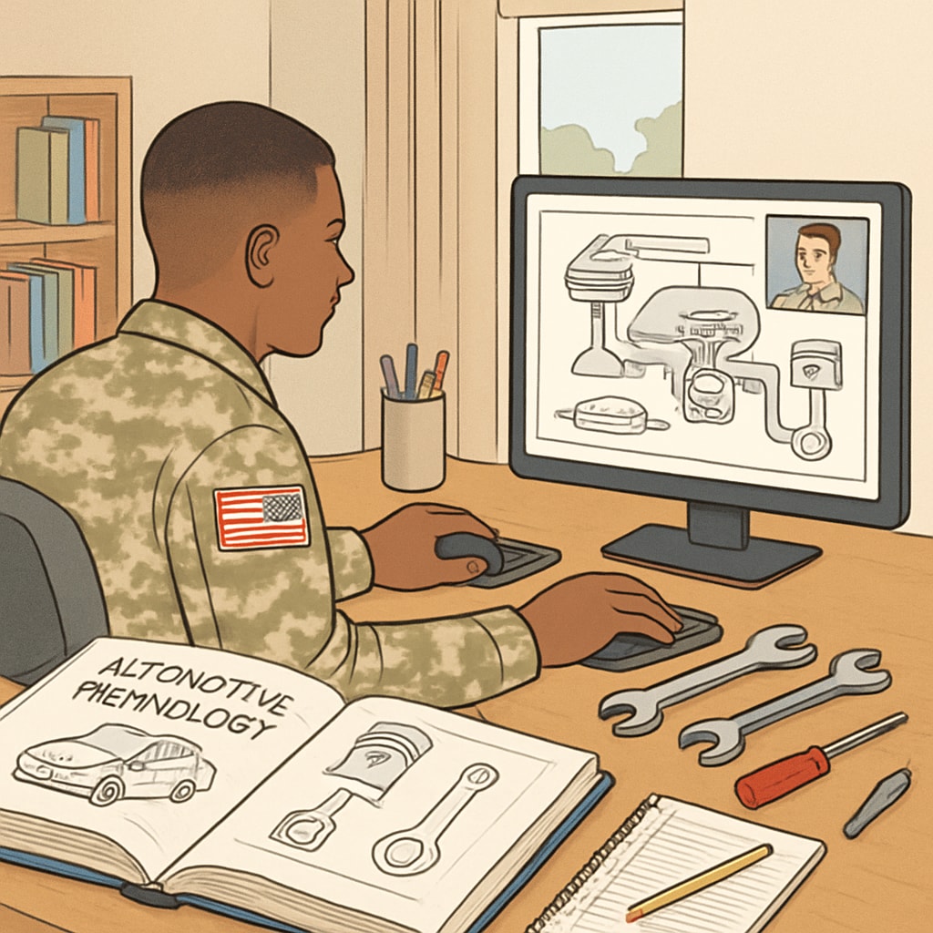Military member participating in an online automotive technology class.