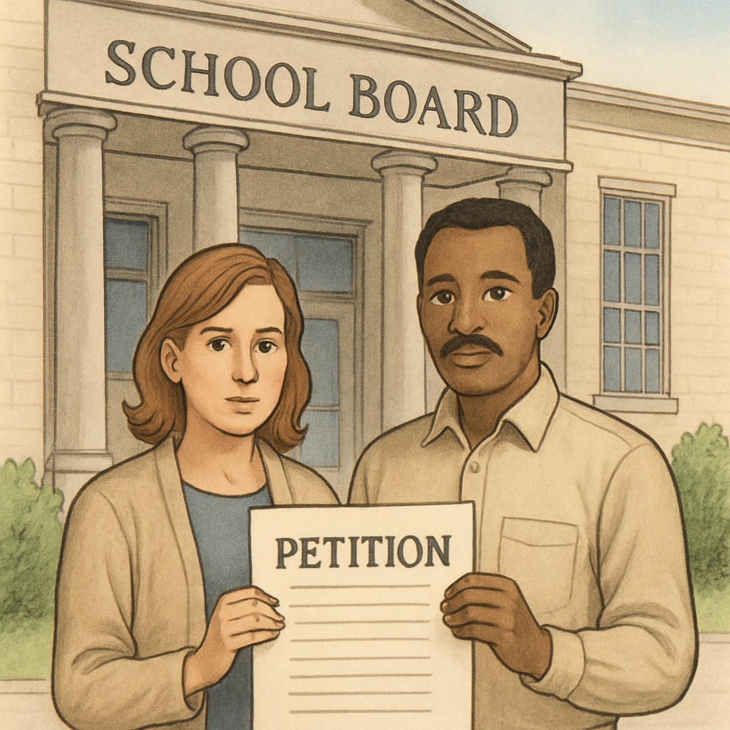 Parents gathering to sign a petition against a school board candidate with a history of child abuse
