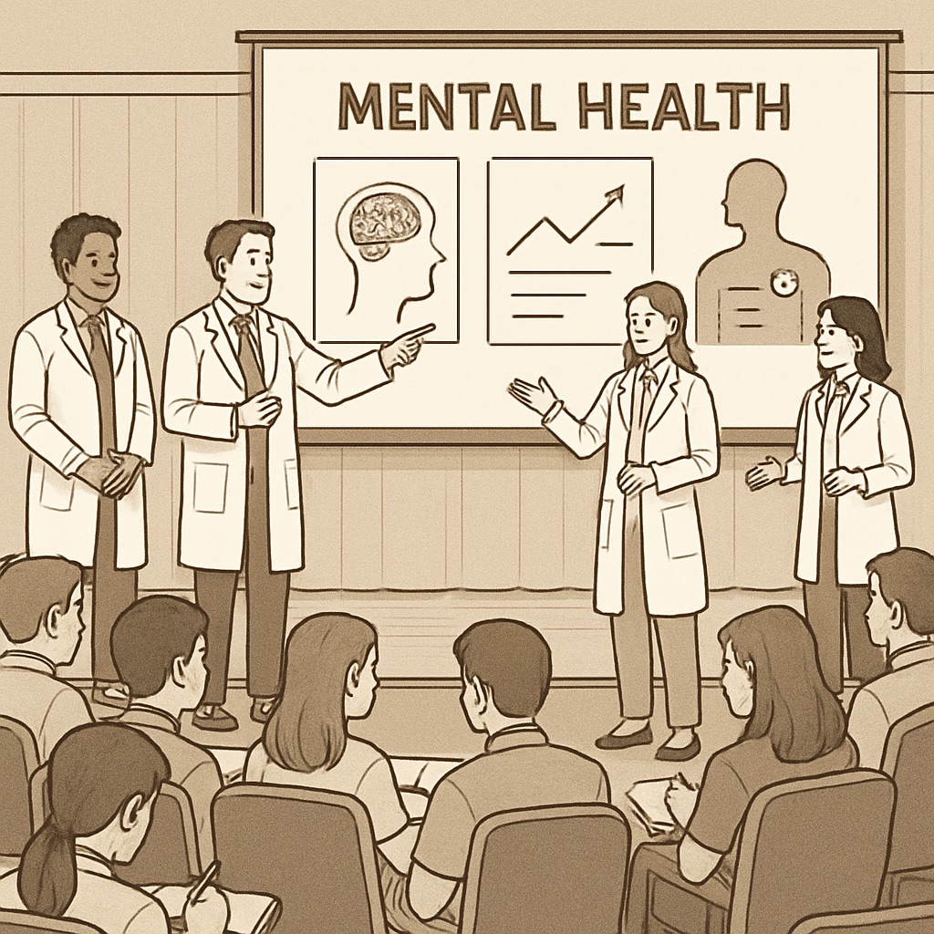 Medical students presenting mental health information to high school students at a school assembly.
