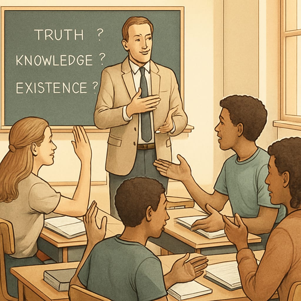 A classroom setting where students are engaged in a philosophical discussion led by a teacher. Students and a philosophy teacher volunteering in a social experiment.