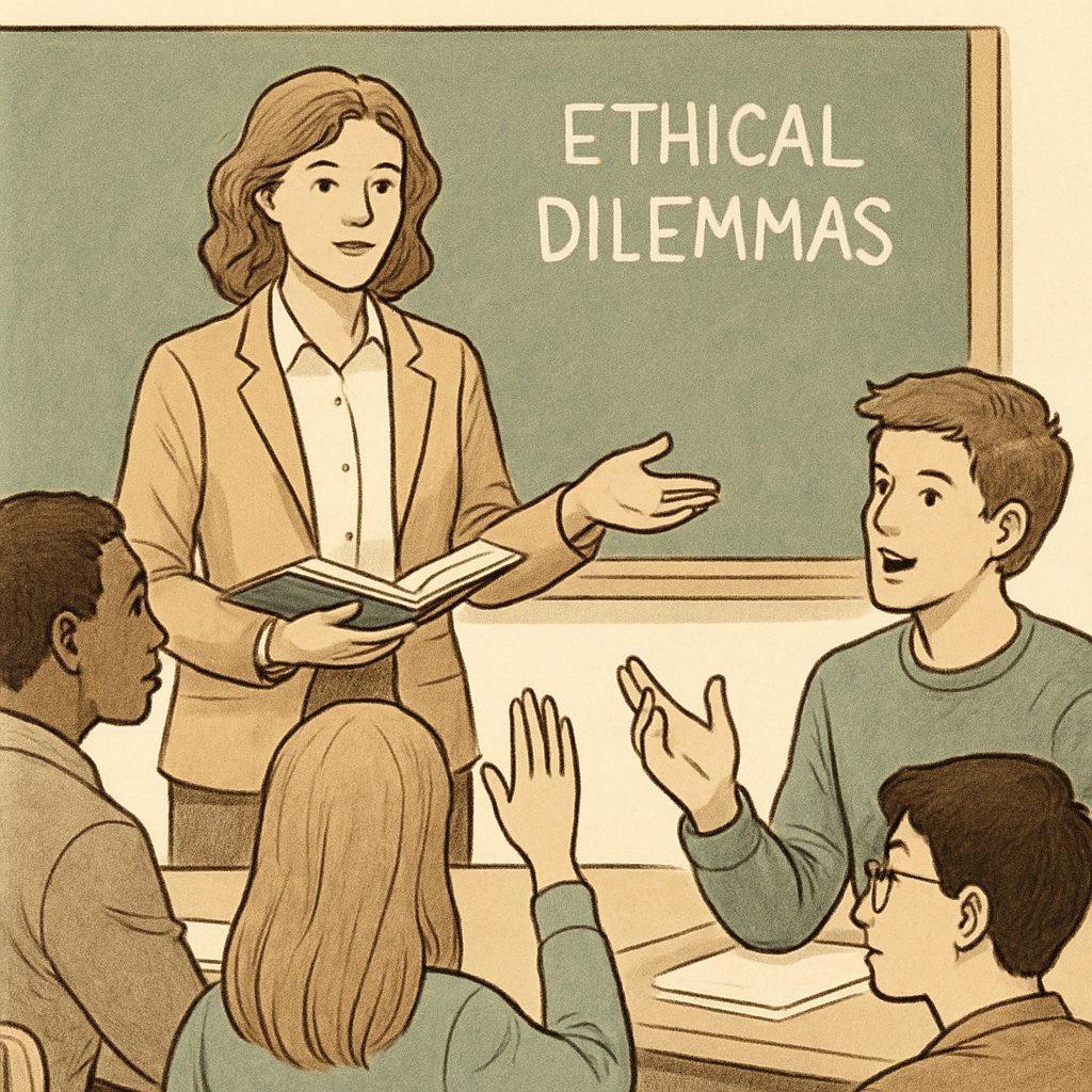 A teacher leading a group of students in a discussion about ethical dilemmas during a philosophy lesson. Philosophy teacher discussing ethical dilemmas as part of a social experiment.