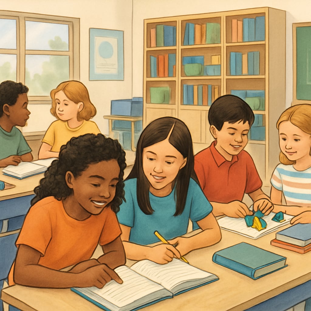 Students in a year-round school classroom collaborating on a group project.